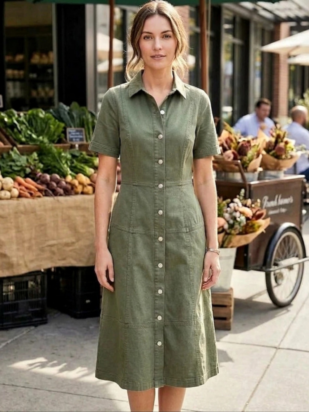 Free Assembly Olive Green Utility Denim Midi Shirt Dress